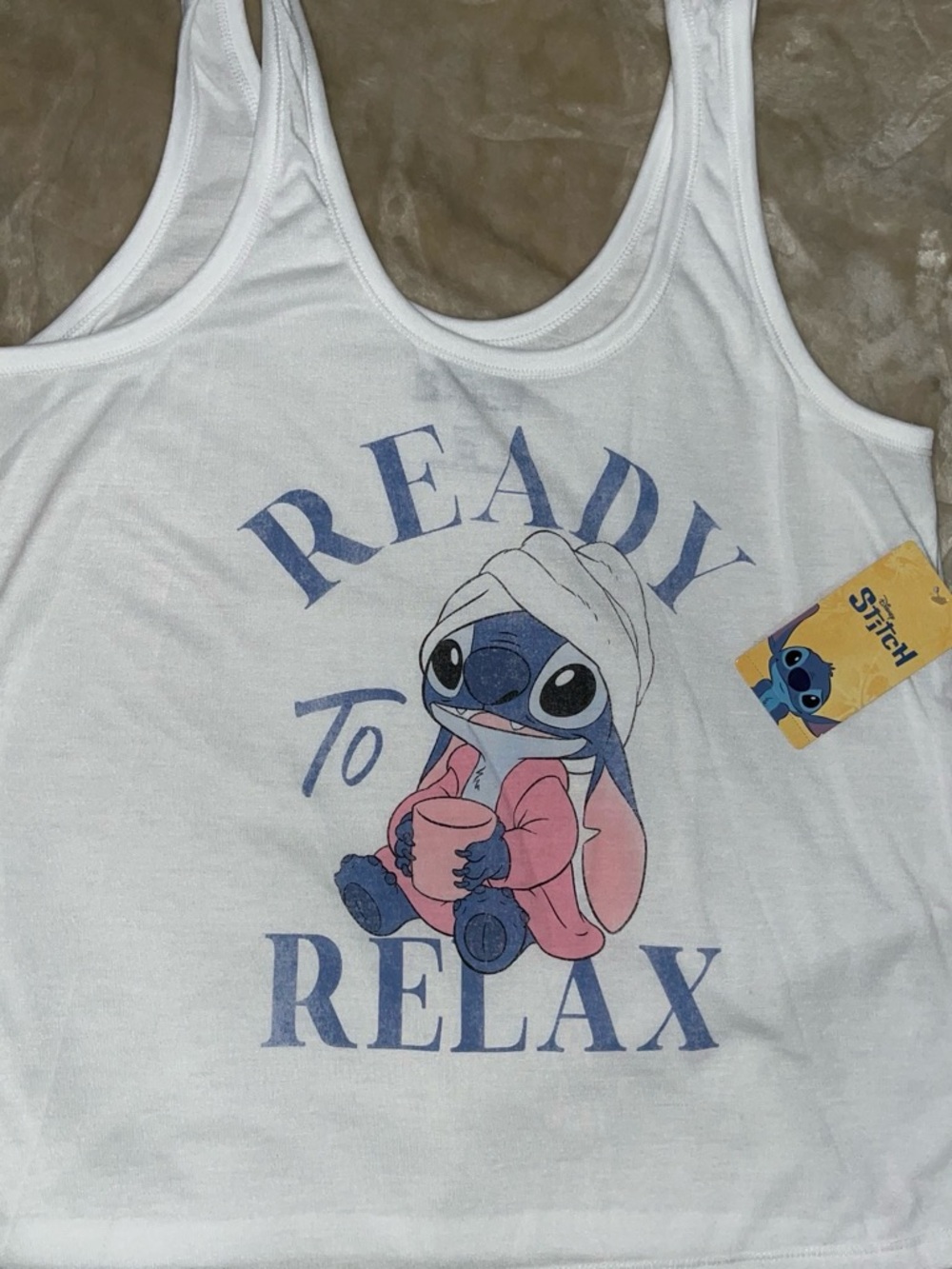 Disney White Tank Top with Blue Stitch and Pink Robe Graphic